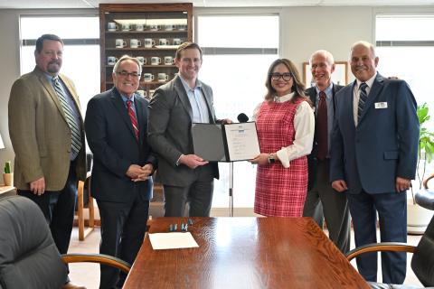 Officials gather for a group photo after signing an interlocal agreement to develop an Inland Logistics Hub in southeastern Washington during a ceremony in Olympia on Thursday, February 5, 2026. 